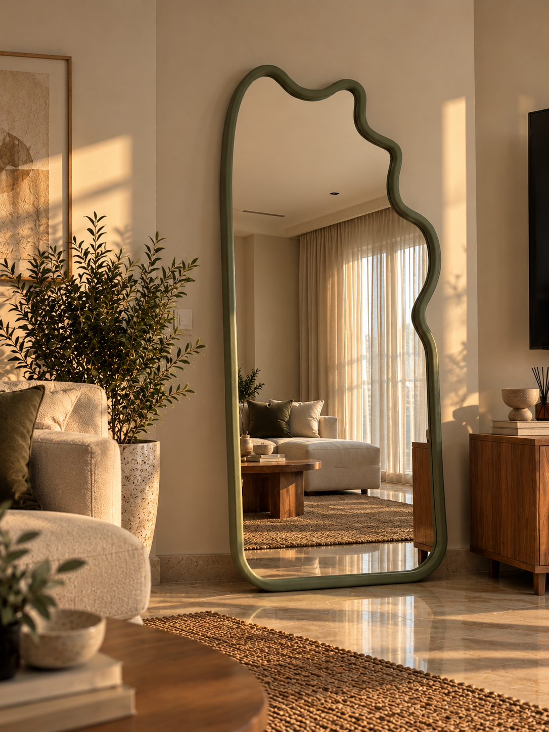 Sunlit Modern Living Room with Wavy Mirror zeya - Image 1